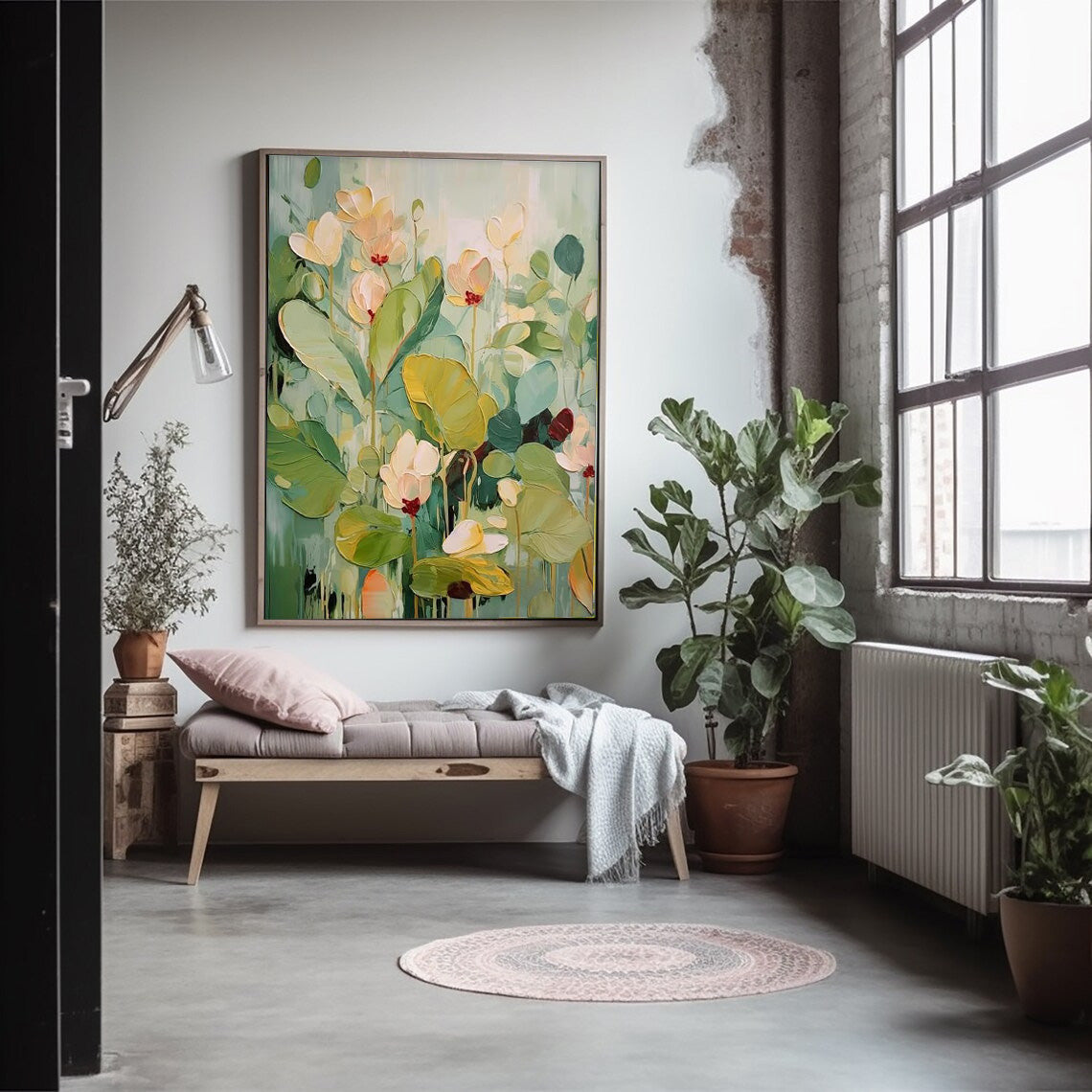 Serene Water Garden - Textured Lotus Flower Canvas Painting