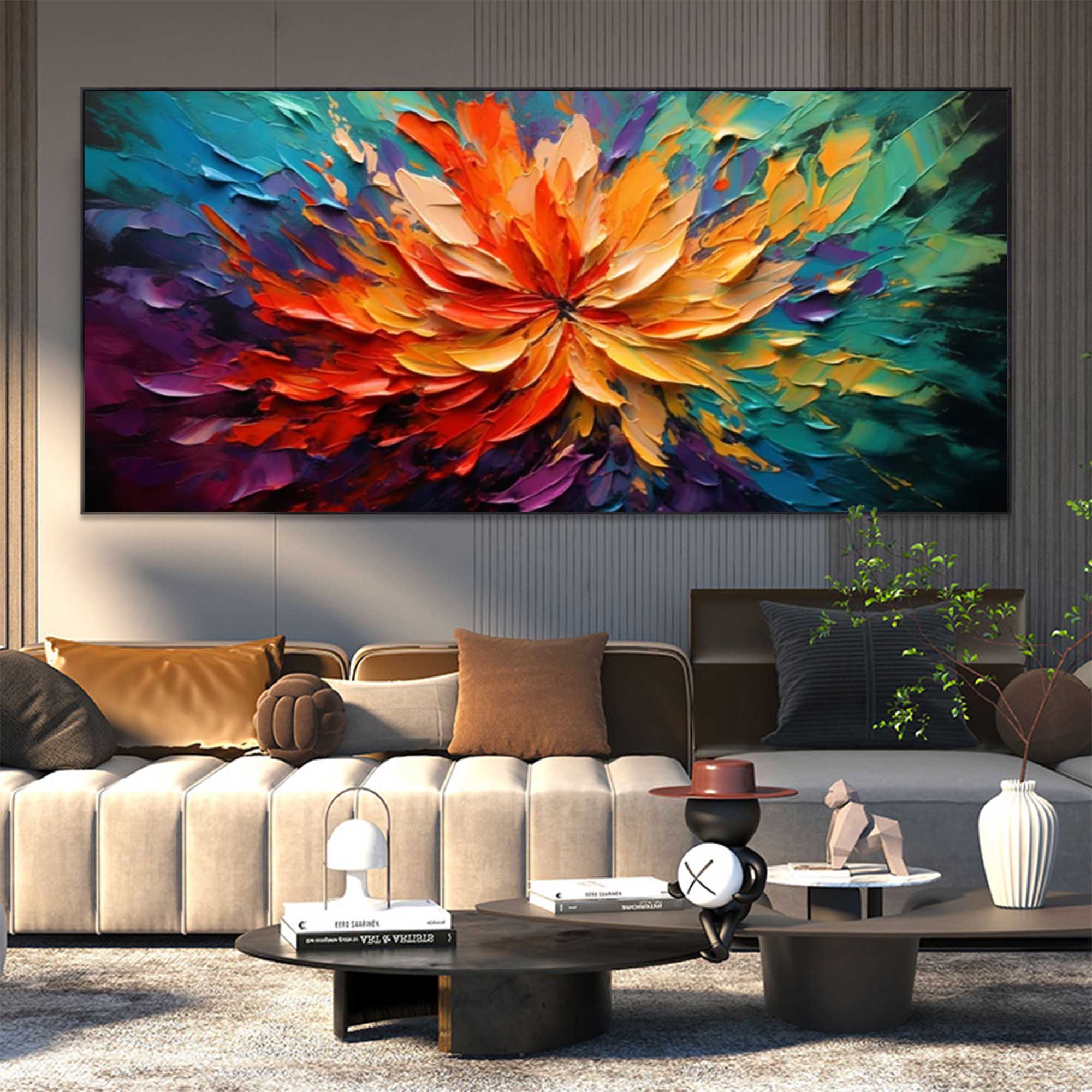 Supernova Bloom - Vibrant Large Floral Painting with Heavy Texture