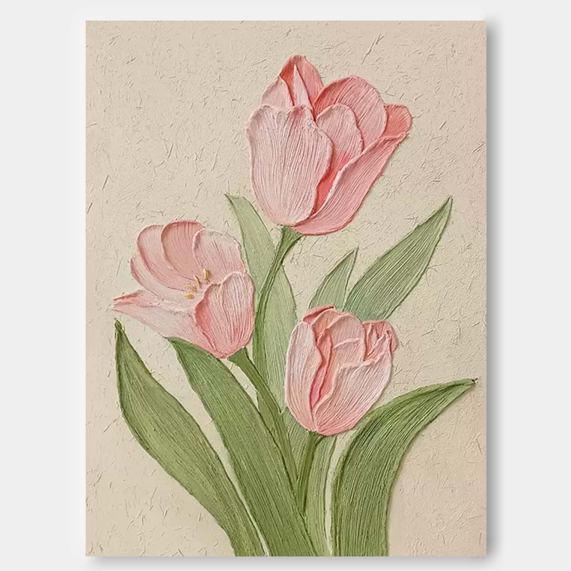 Blushing Tulips - Textured Pink Canvas Wall Art with Green Leaves