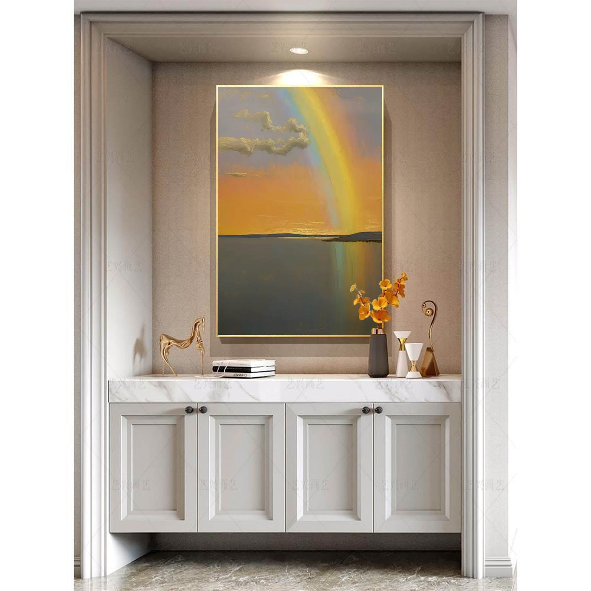 Hope on the Horizon - Serene Sunset Rainbow Wall Art