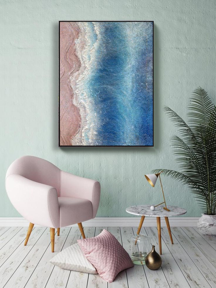 Serene Shore - Textured Ocean Wall Art, Pink Sand Beach Painting