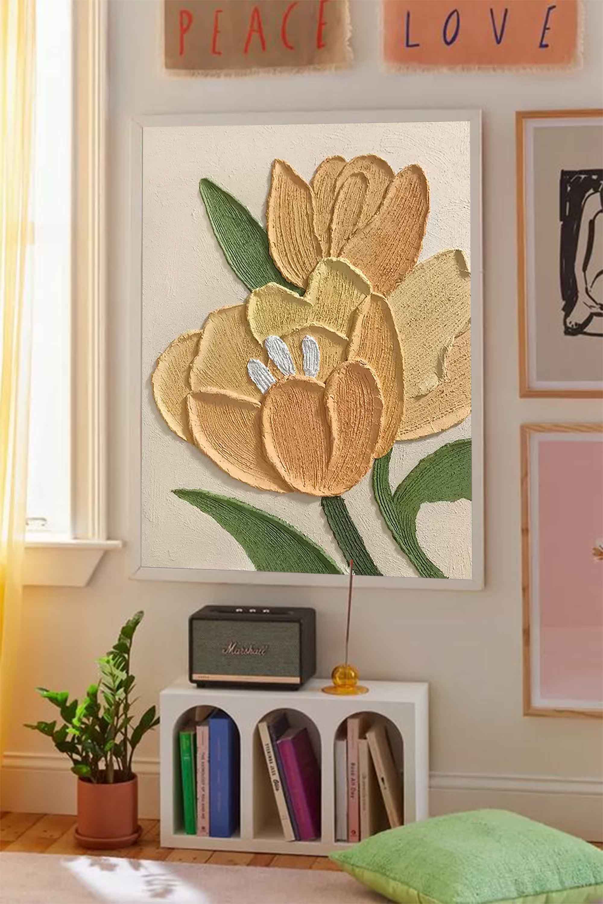 Golden Hour Tulips - Textured Yellow Tree Painting with White Accents