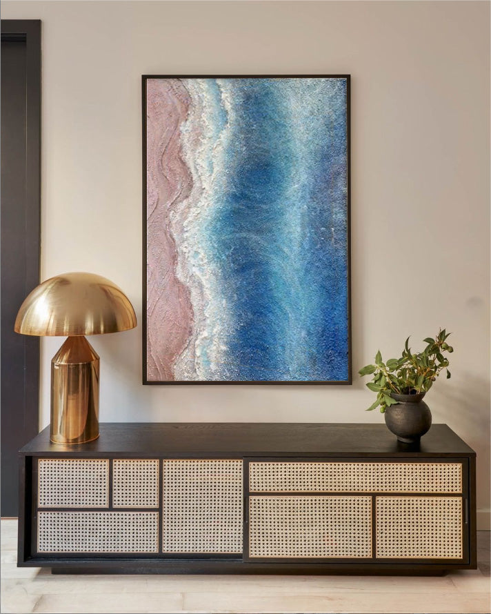 Serene Shore - Textured Ocean Wall Art, Pink Sand Beach Painting