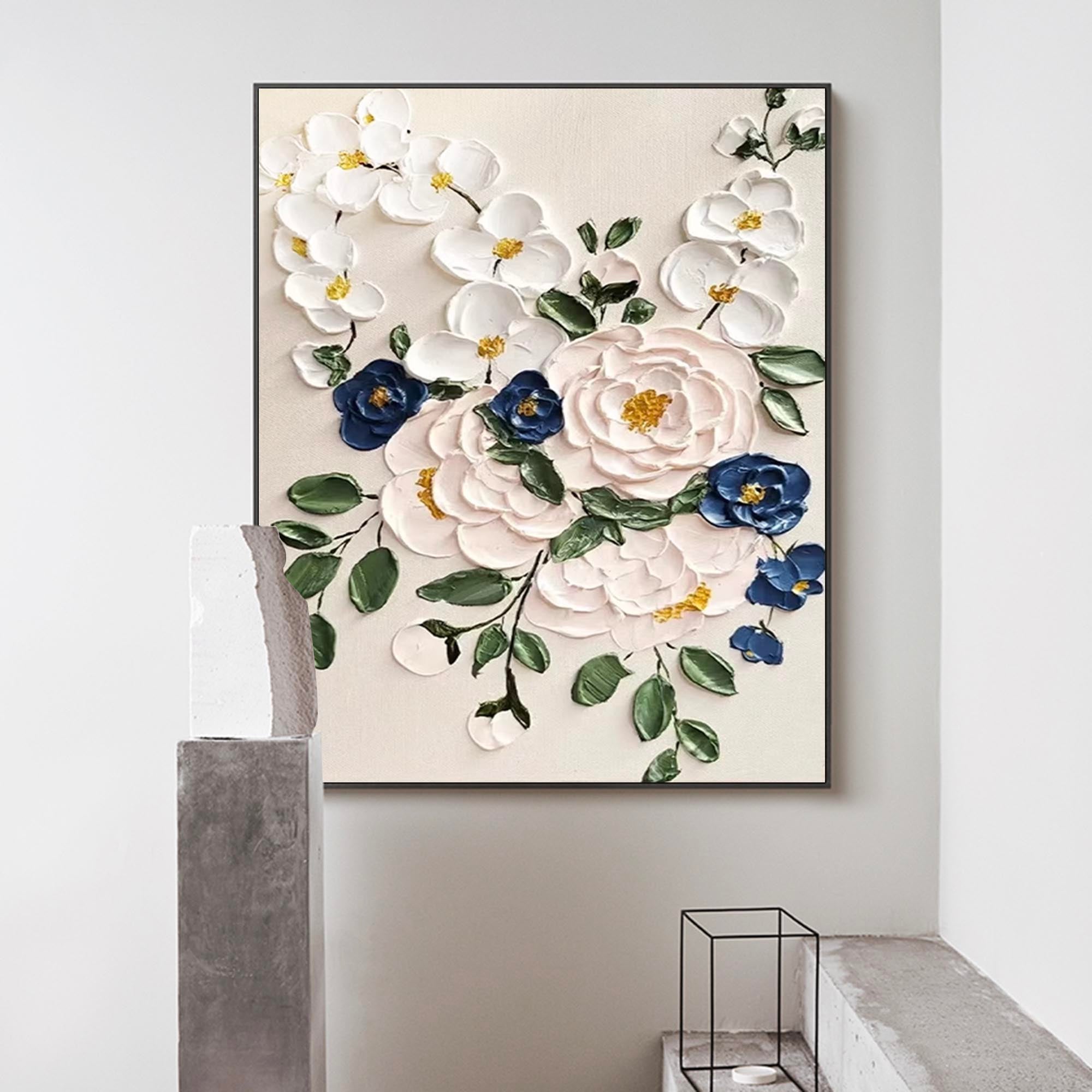 Timeless Bouquet - Elegant 3D White Flower Wall Art with Blue Accents