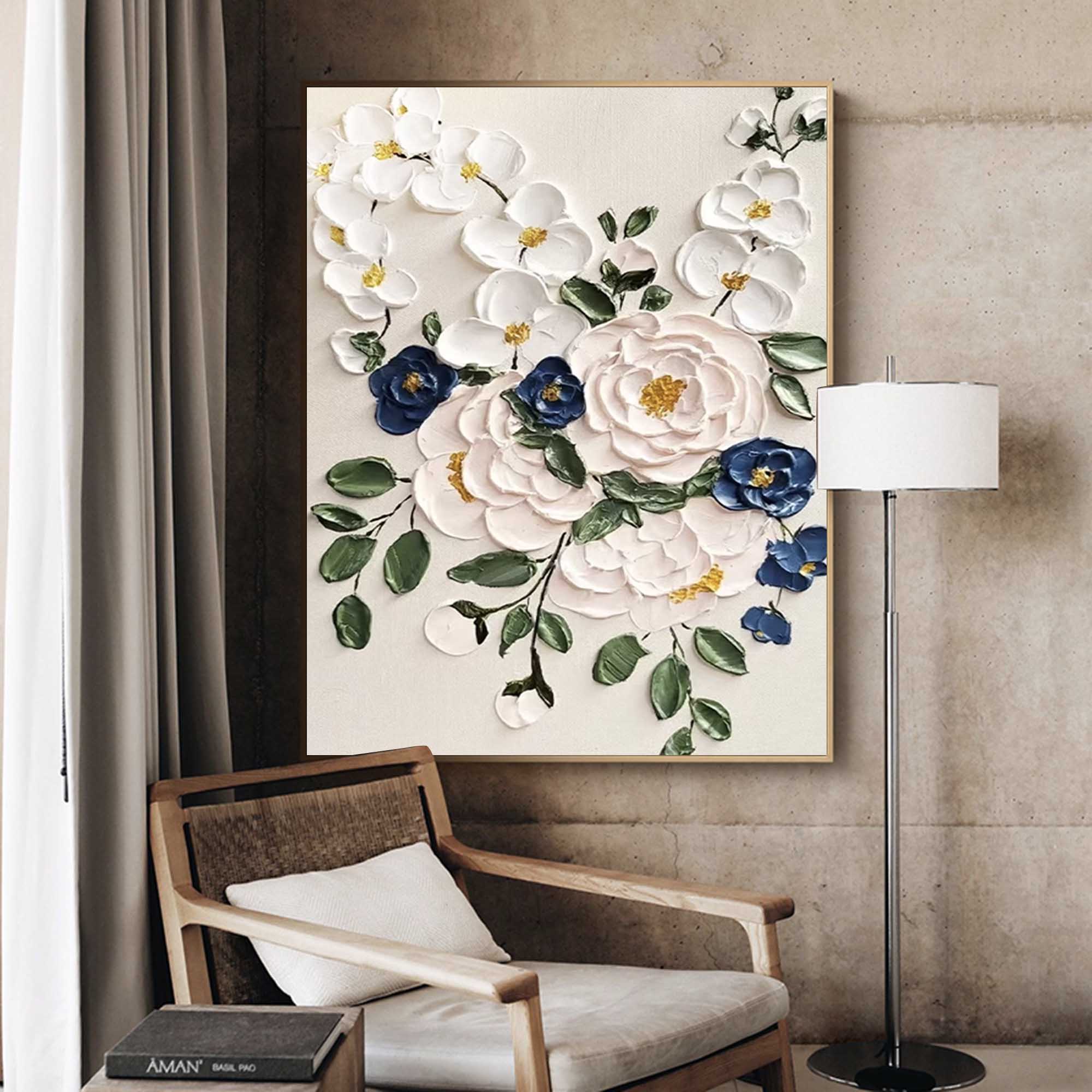 Timeless Bouquet - Elegant 3D White Flower Wall Art with Blue Accents