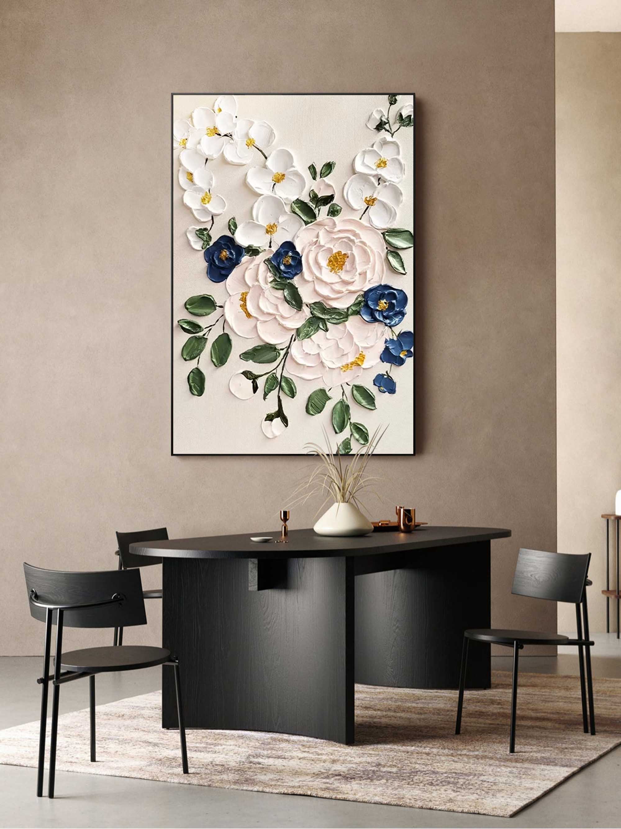Timeless Bouquet - Elegant 3D White Flower Wall Art with Blue Accents