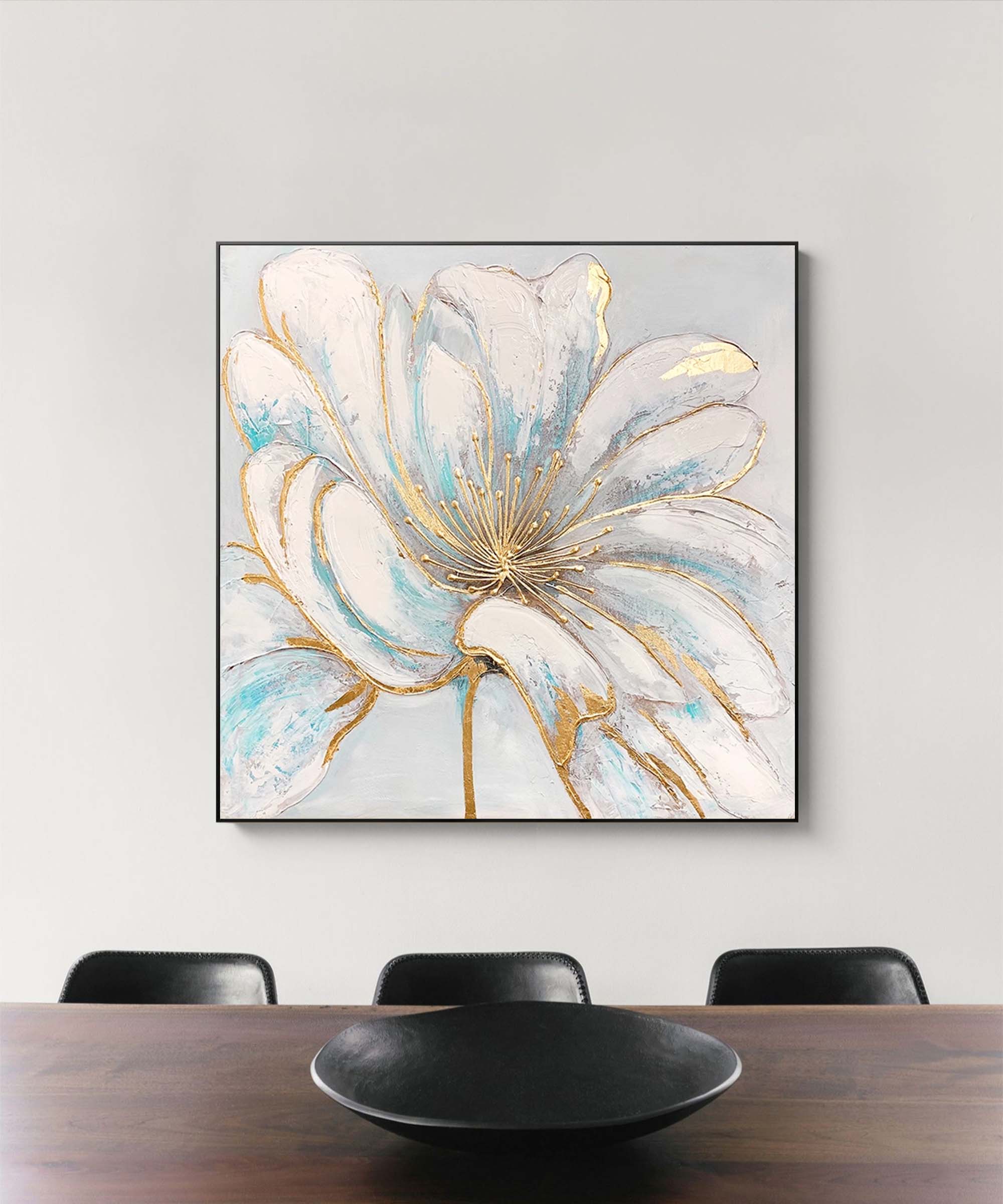 Gilded Bloom - Elegant White Gold Wall Art, Modern Floral Painting