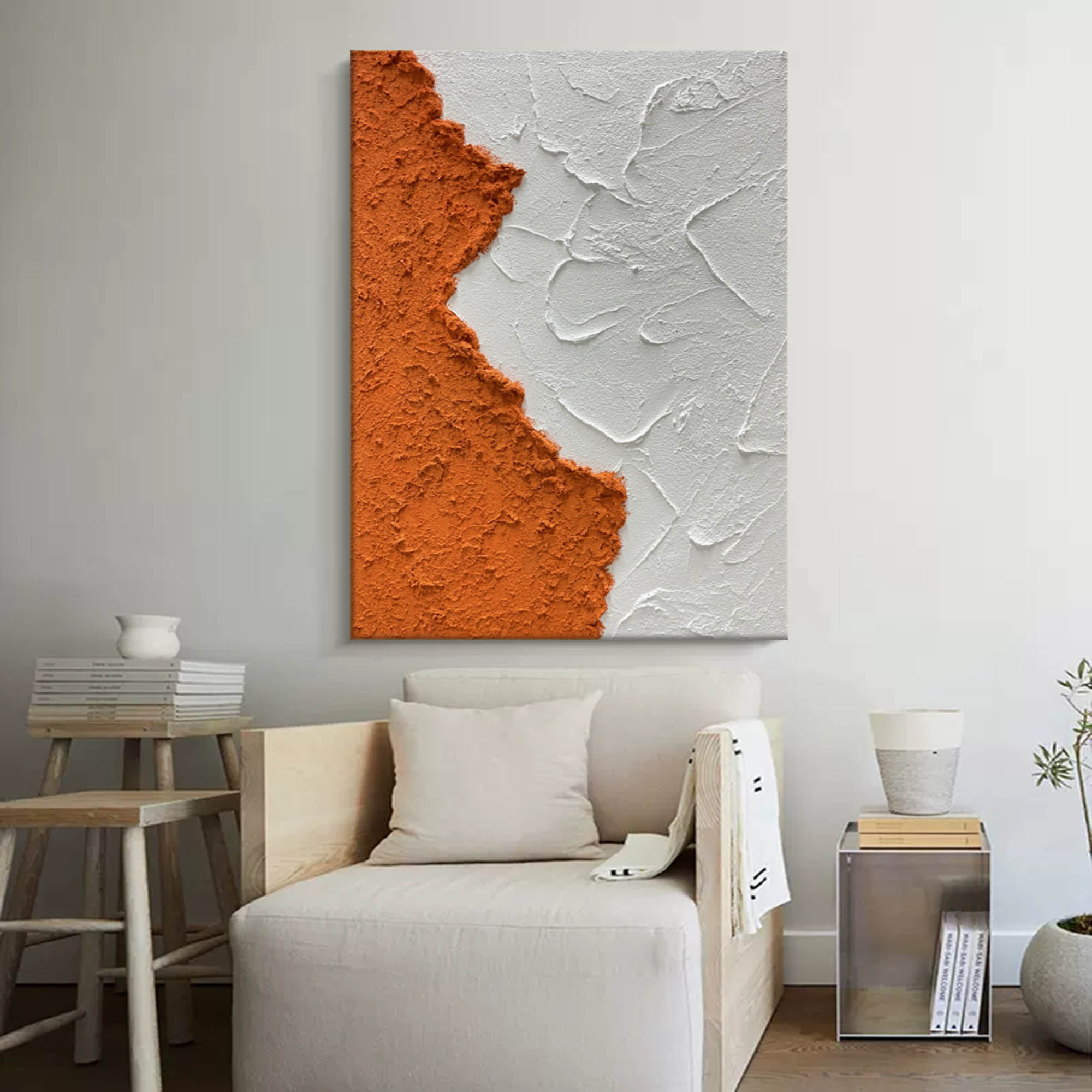 Terracotta Split - Orange Wall Art White Textured Minimalist Canvas