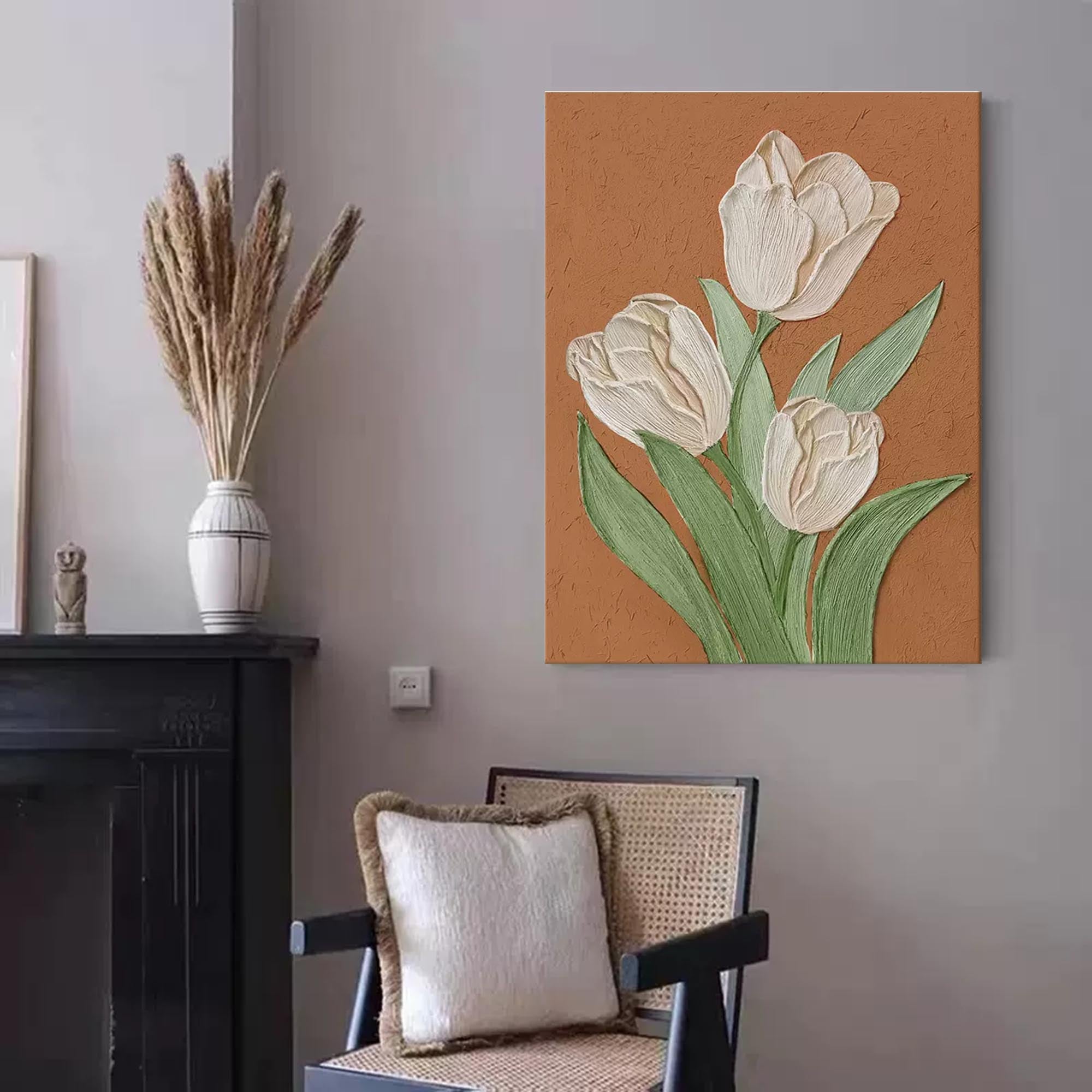 Earthen Tulips - Textured Terracotta and White Tulip Wall Art
