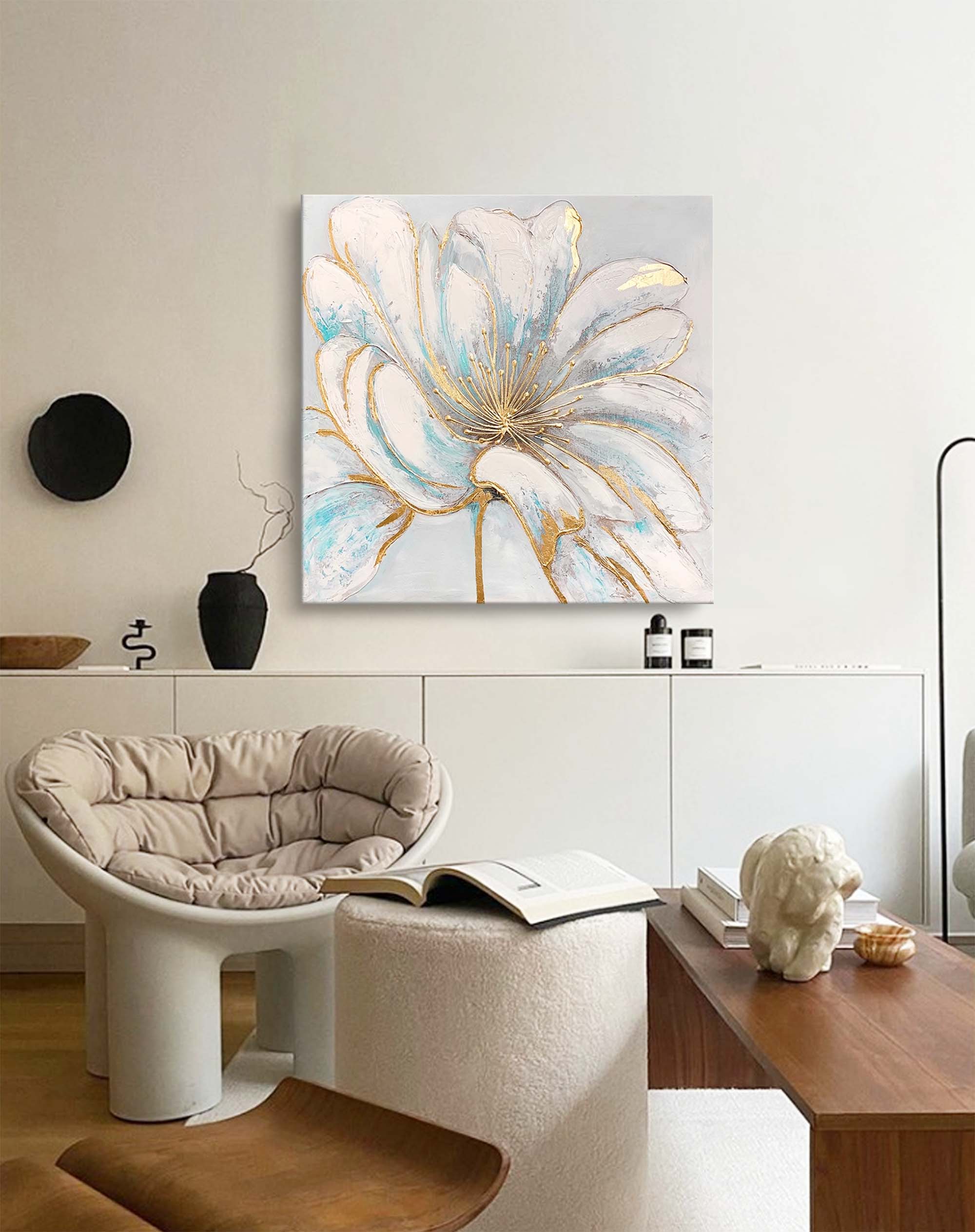 Gilded Bloom - Elegant White Gold Wall Art, Modern Floral Painting