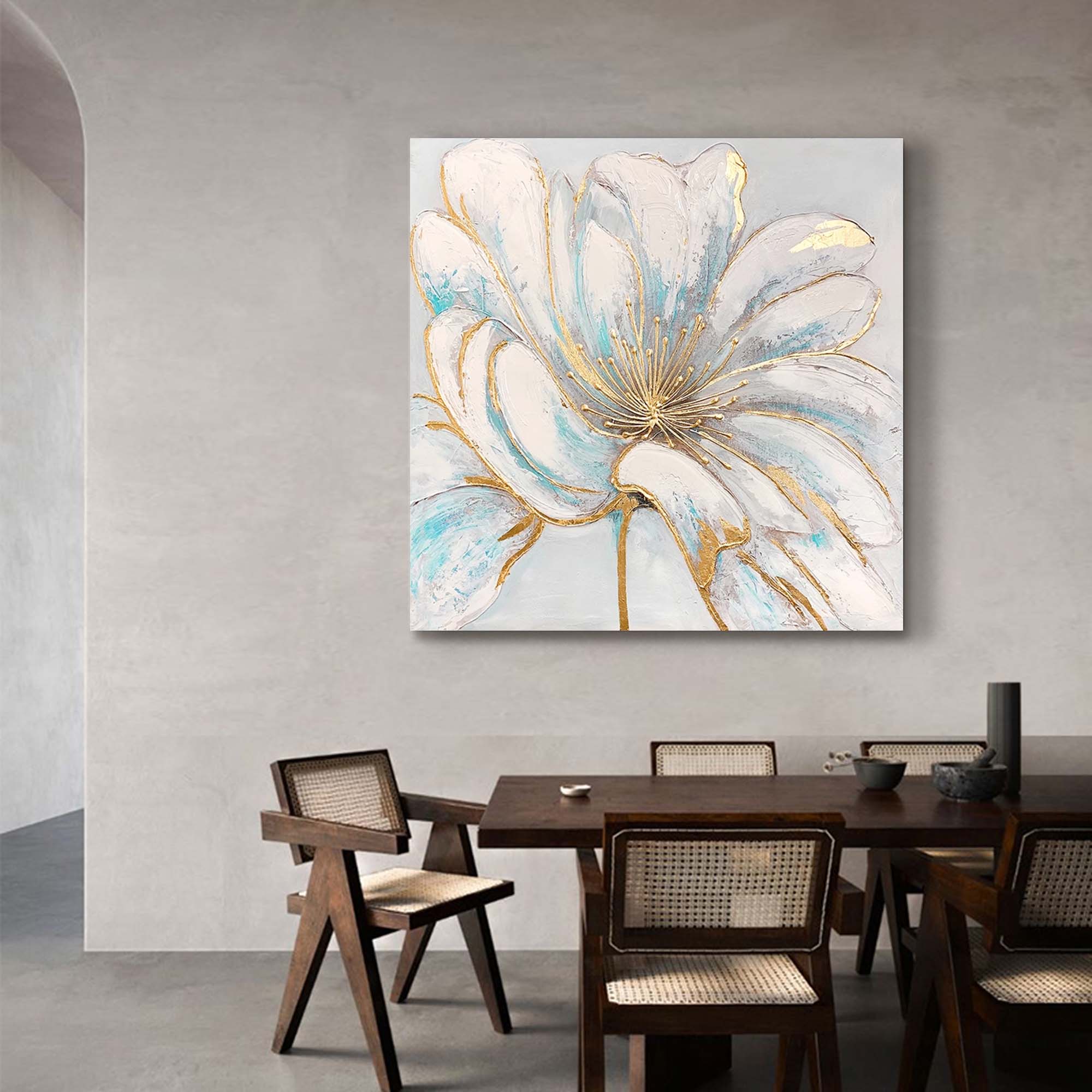 Gilded Bloom - Elegant White Gold Wall Art, Modern Floral Painting