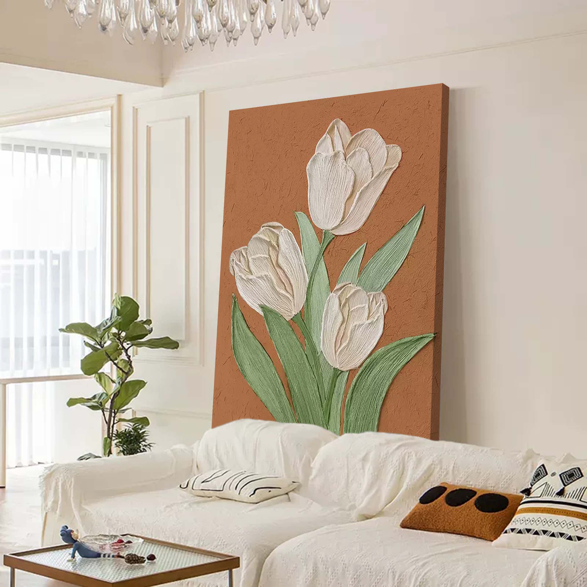 Earthen Tulips - Textured Terracotta and White Tulip Wall Art