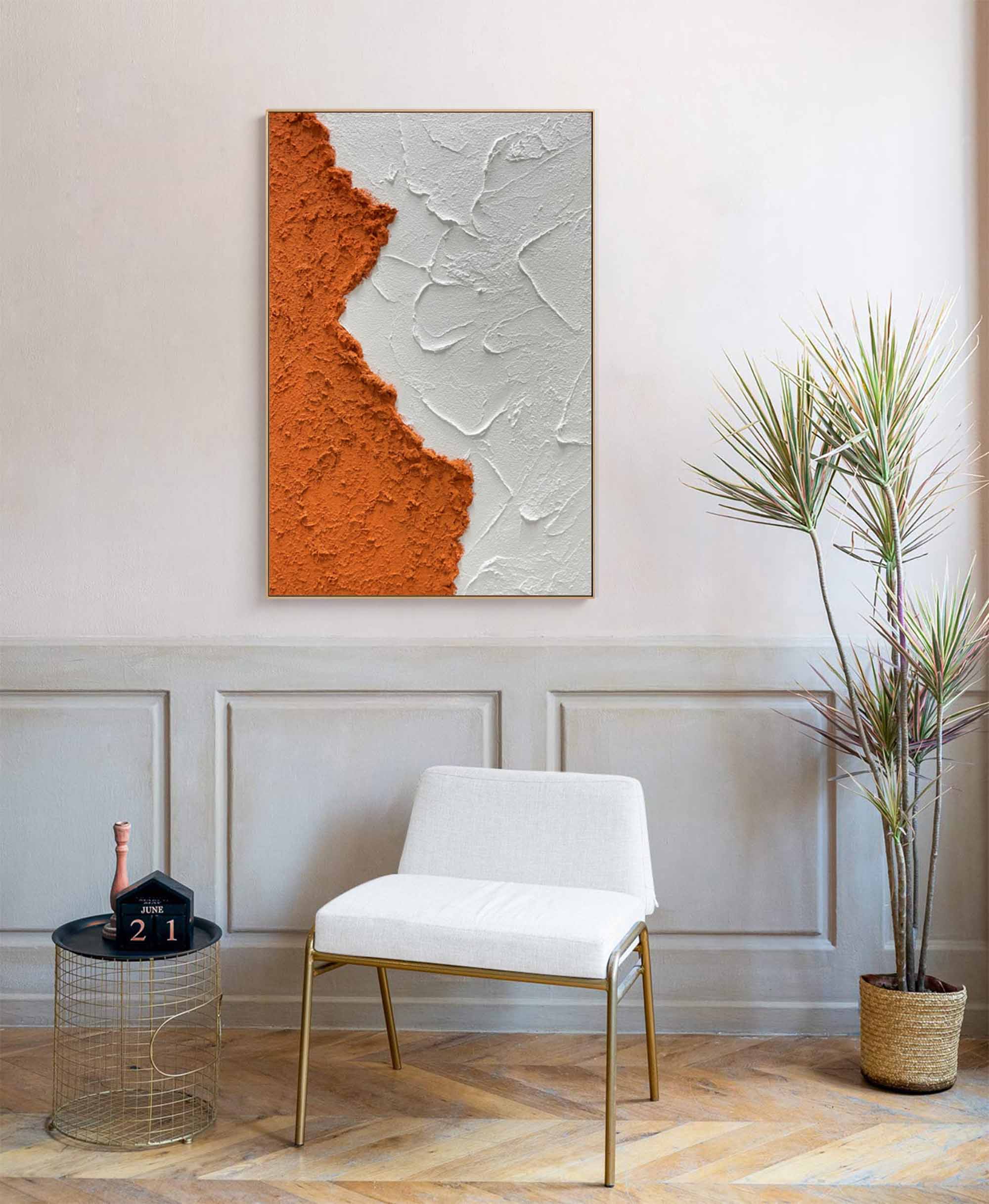 Terracotta Split - Orange Wall Art White Textured Minimalist Canvas