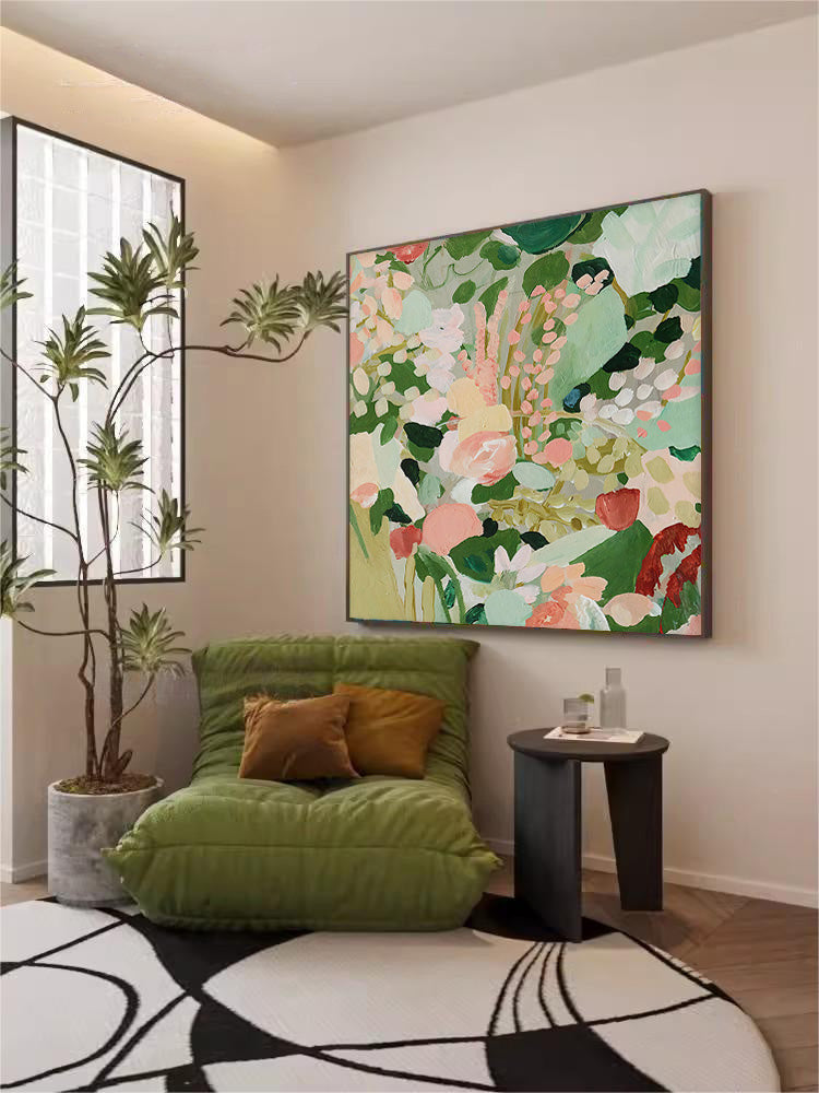 Garden Medley - Contemporary Pink and Green Abstract Floral Wall Art