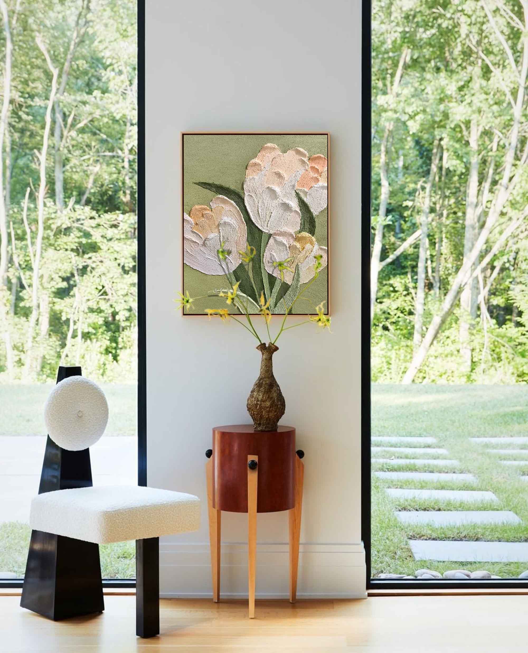 Sage Garden - Green and Peach Sculptural Wall Art, Impasto Floral Painting