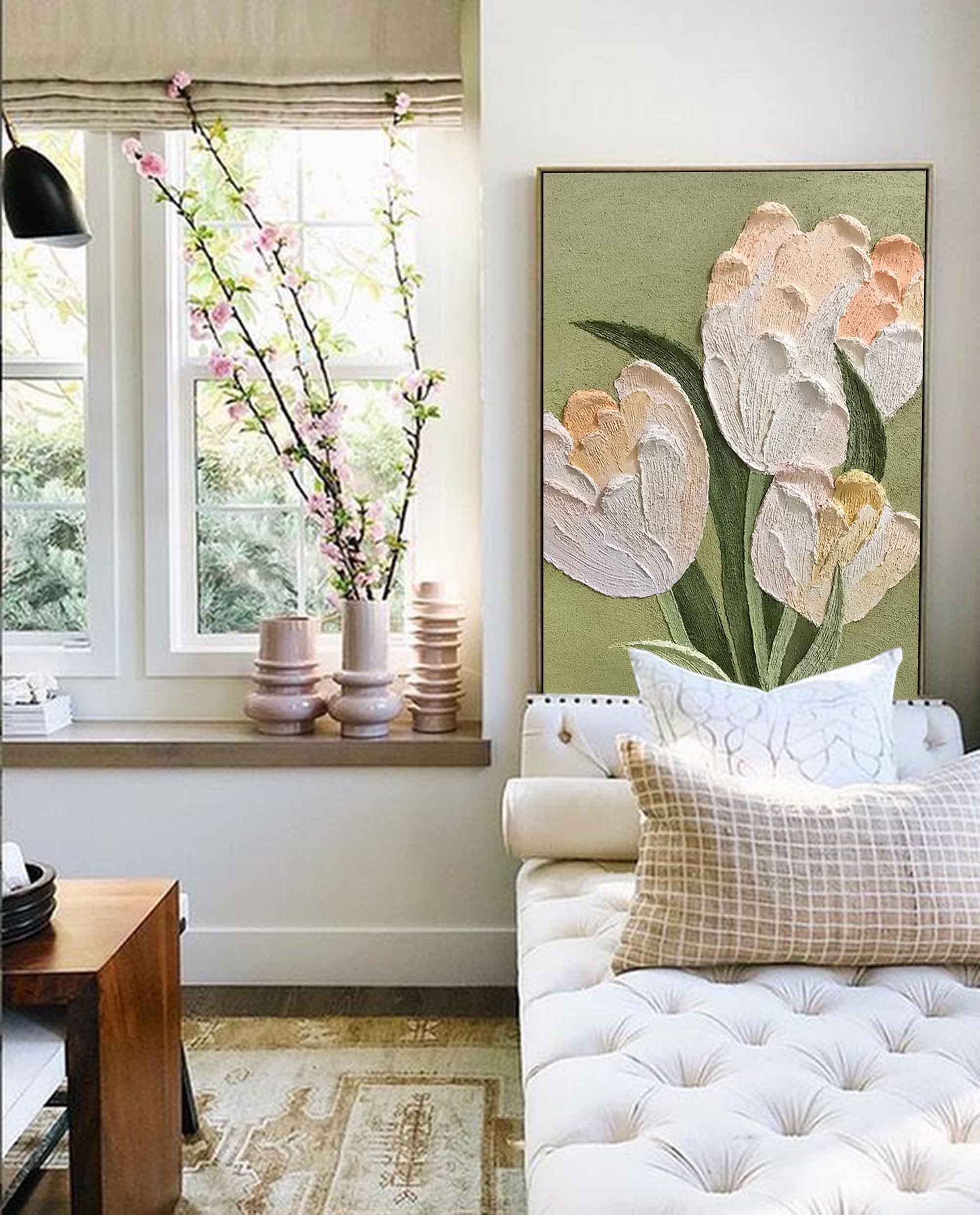 Sage Garden - Green and Peach Sculptural Wall Art, Impasto Floral Painting