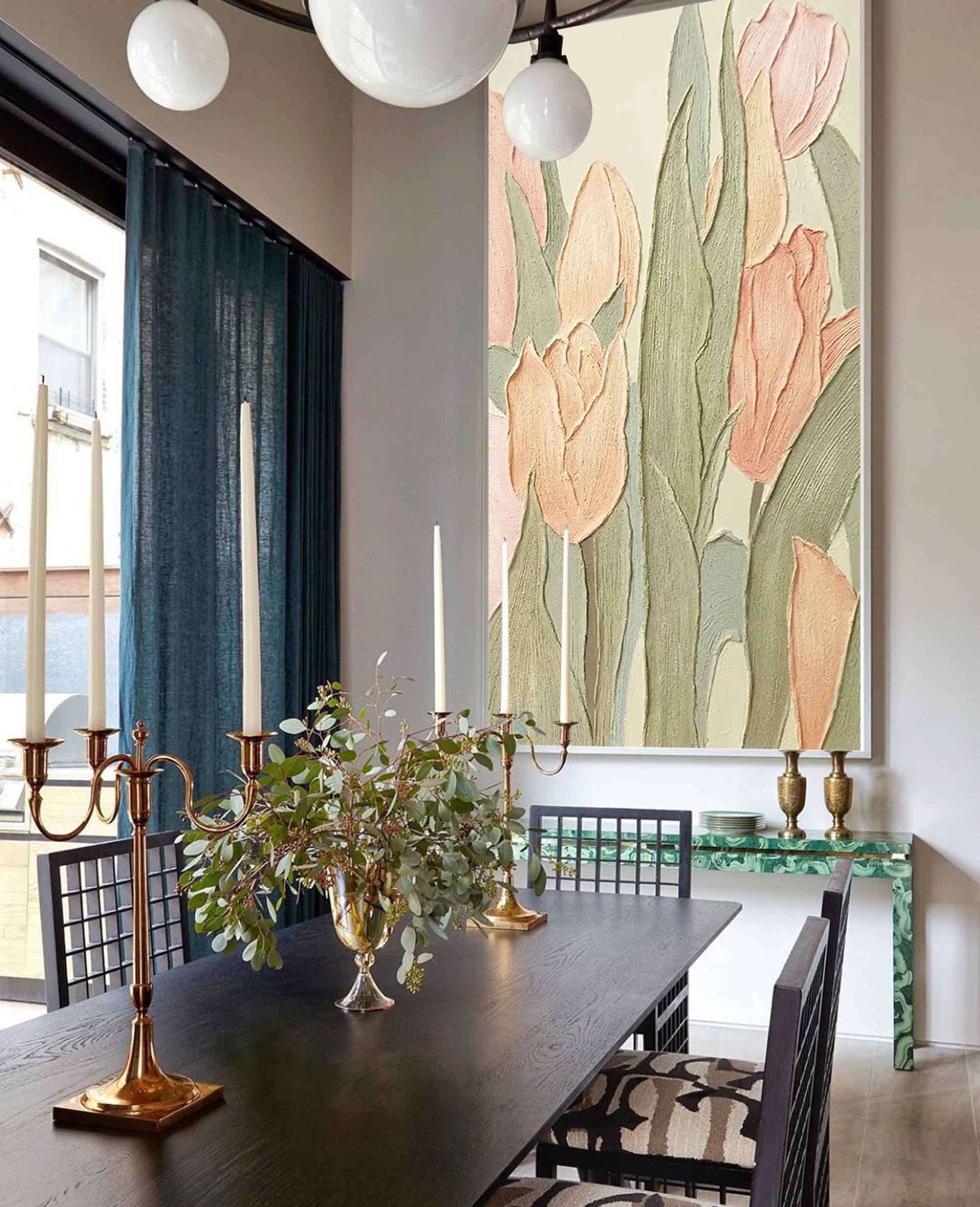 Pastel Tulips - Tall Vertical Wall Art with Heavy Texture