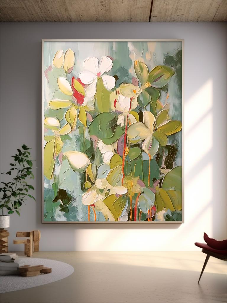 Botanical Impasto - Textured Floral Oil Painting with White Flowers