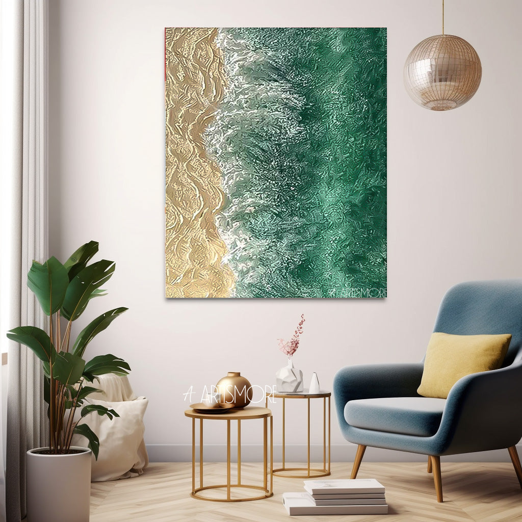 Emerald Shore - Textured 3D Ocean Painting and Coastal Wall Art