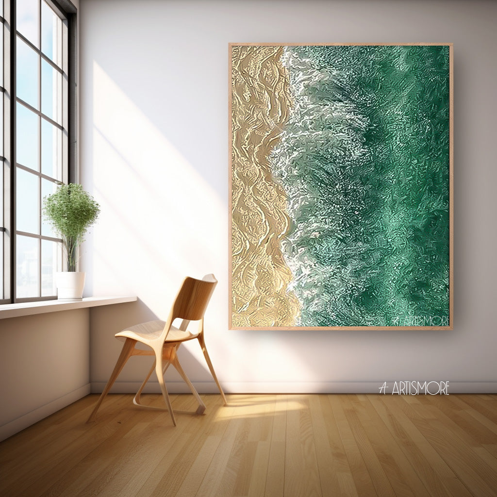Emerald Shore - Textured 3D Ocean Painting and Coastal Wall Art