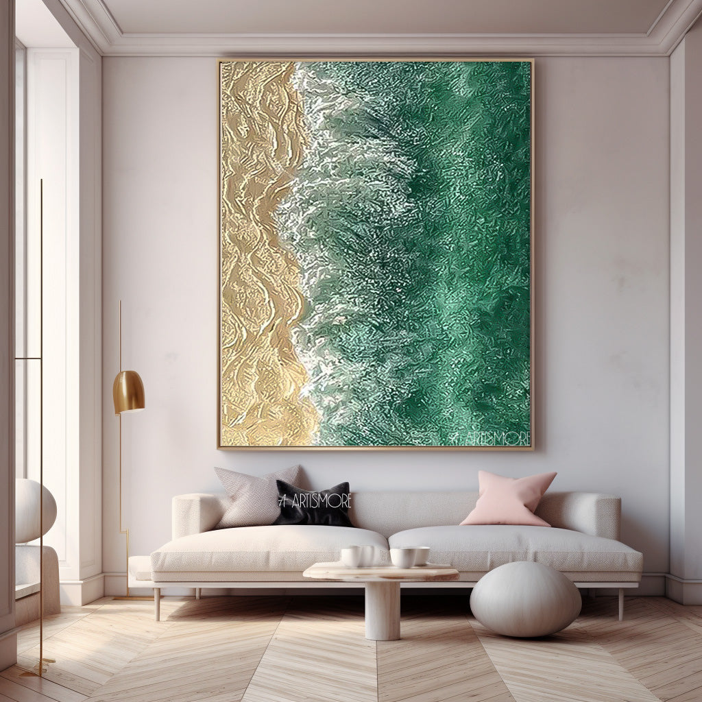 Emerald Shore - Textured 3D Ocean Painting and Coastal Wall Art