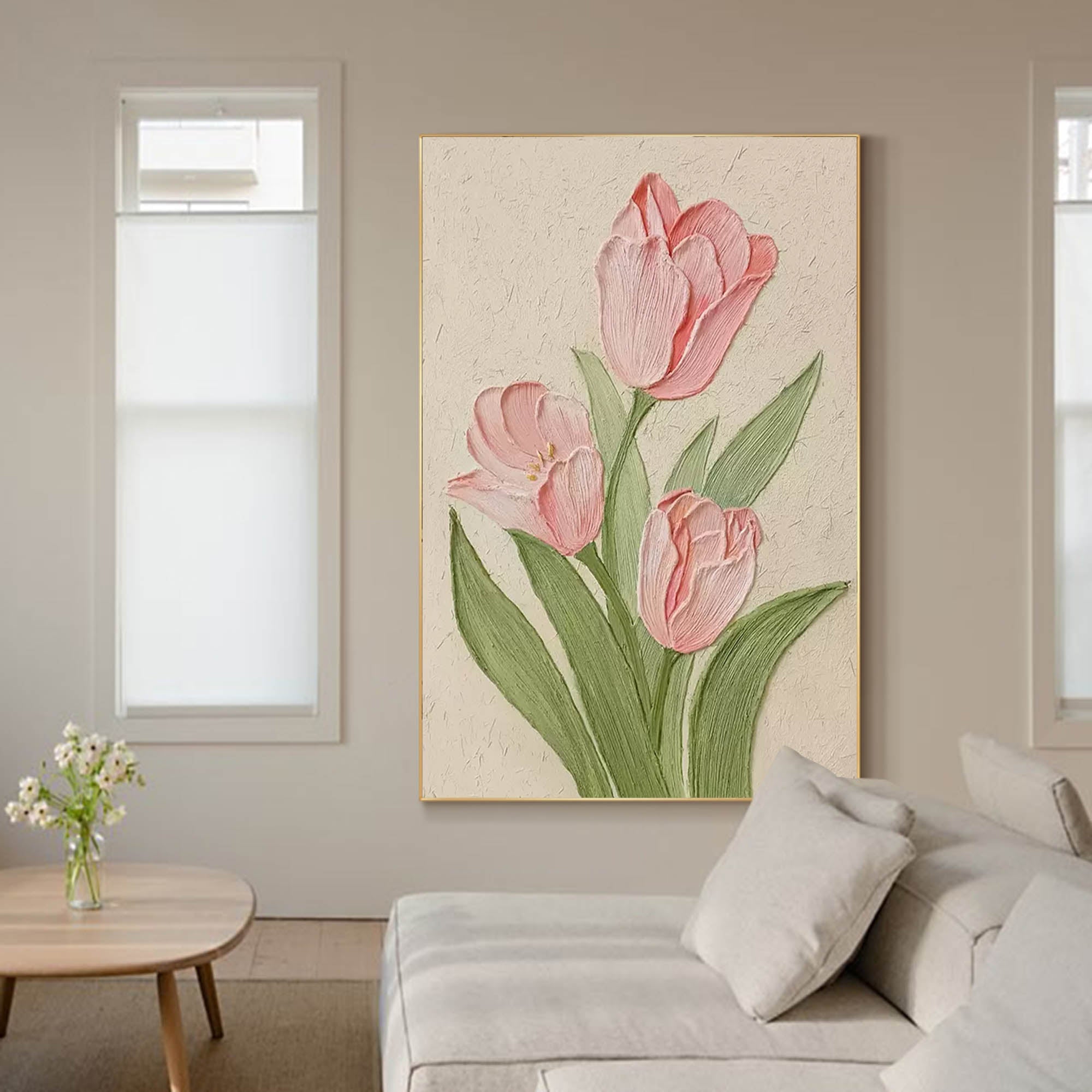 Blushing Tulips - Textured Pink Canvas Wall Art with Green Leaves