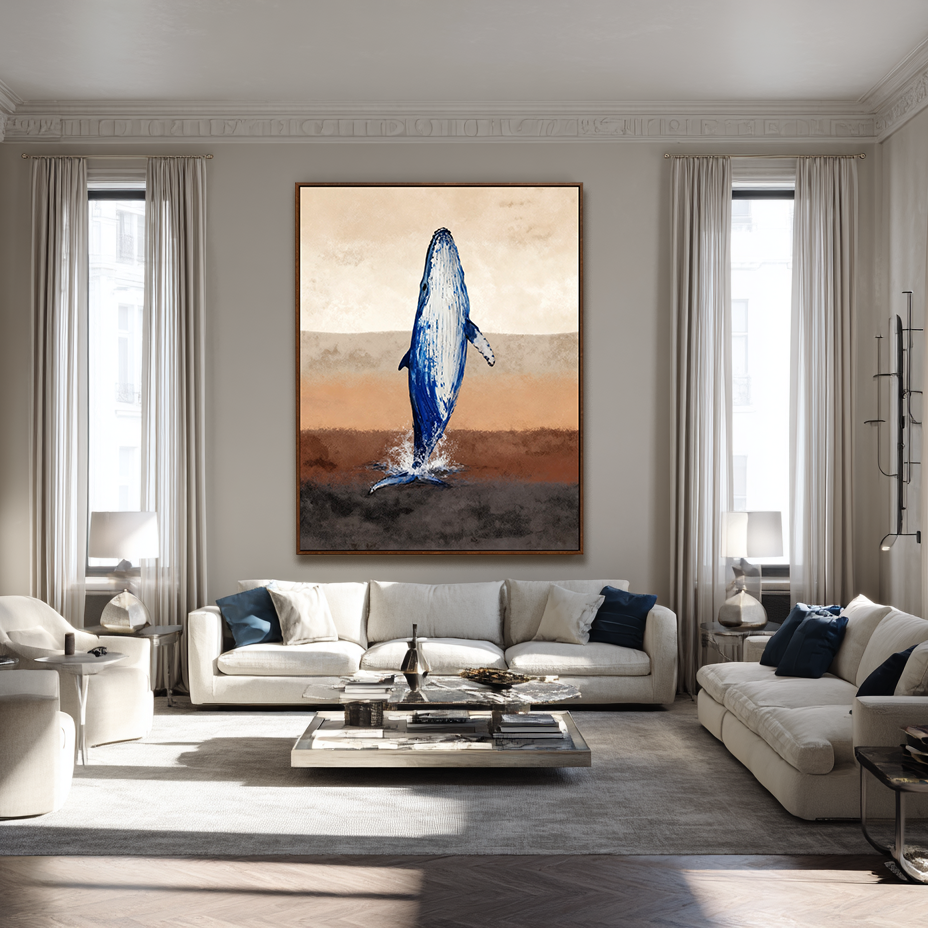 Blue Whale Splash on Earth-Tone Horizon Wall Art