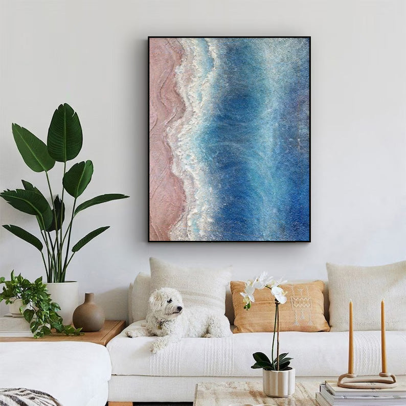 Serene Shore - Textured Ocean Wall Art, Pink Sand Beach Painting