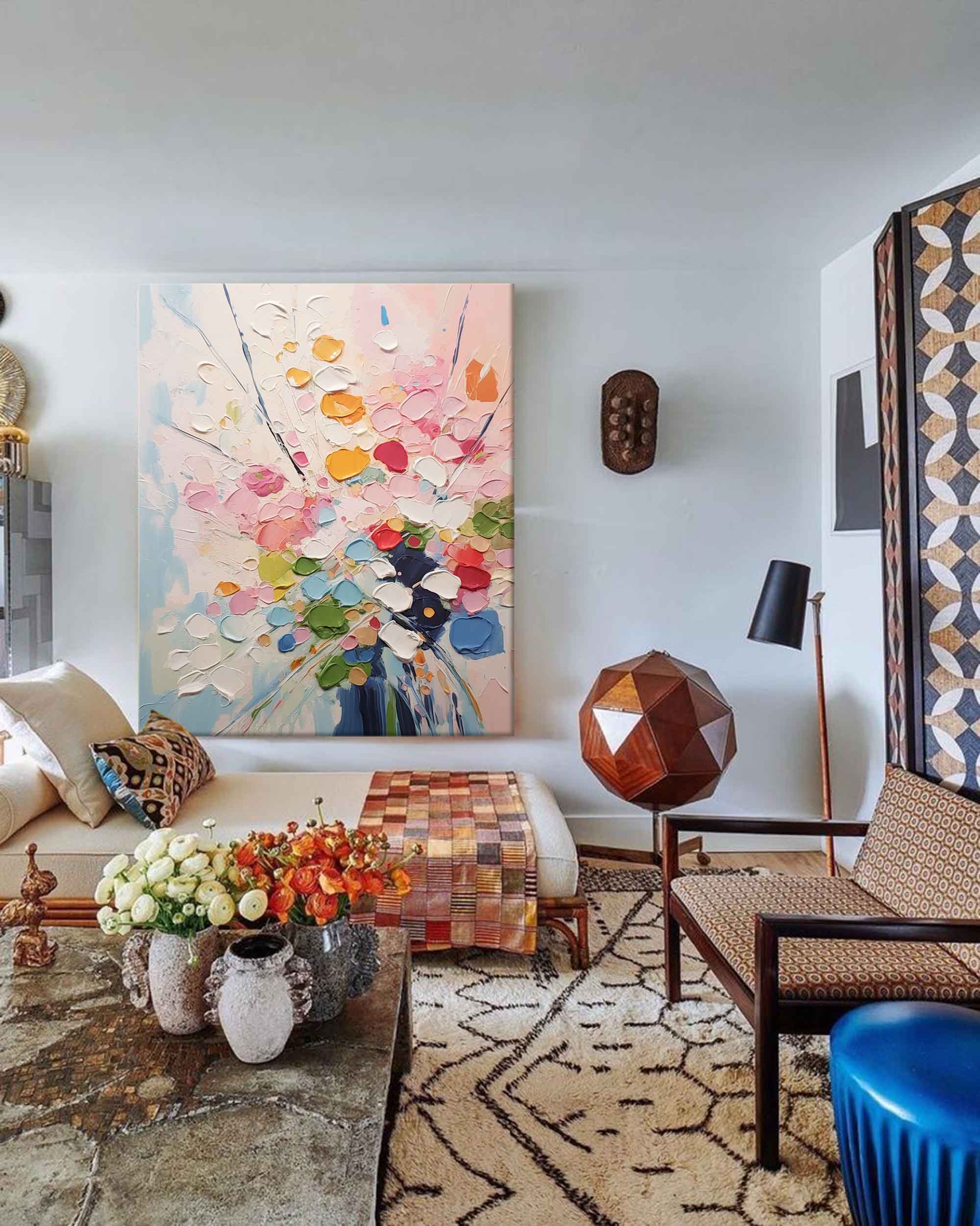 Joyful Burst - Contemporary Multicolor Wall Art, Impasto Flower Painting