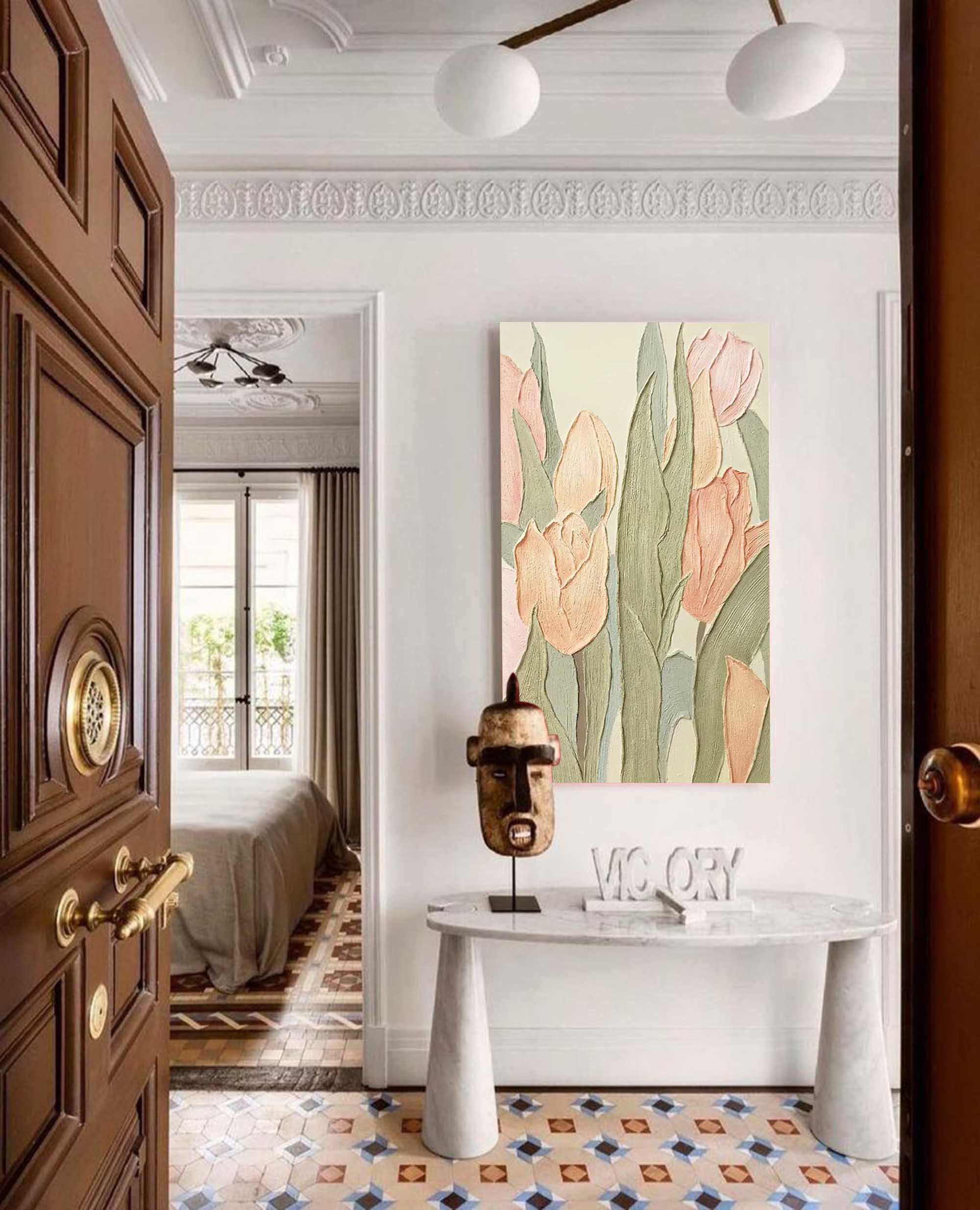 Pastel Tulips - Tall Vertical Wall Art with Heavy Texture