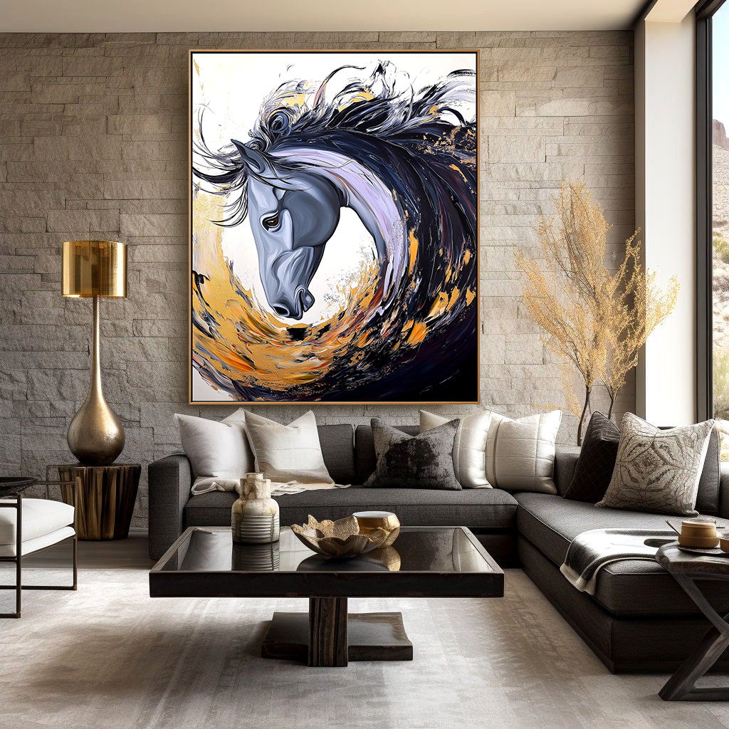 Gilded Spirit: Textured Abstract Horse Portrait with Gold Accents for Modern Decor