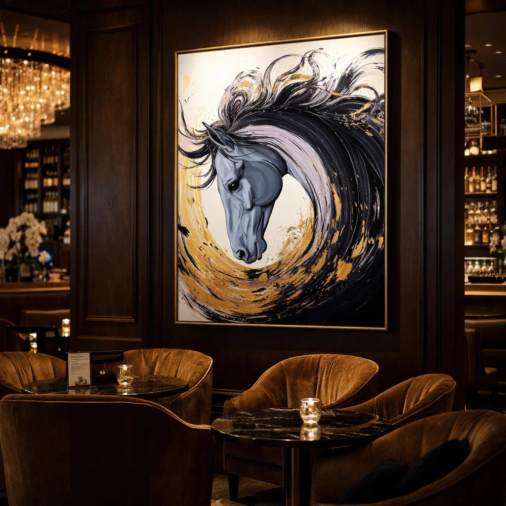 Gilded Spirit: Textured Abstract Horse Portrait with Gold Accents for Modern Decor