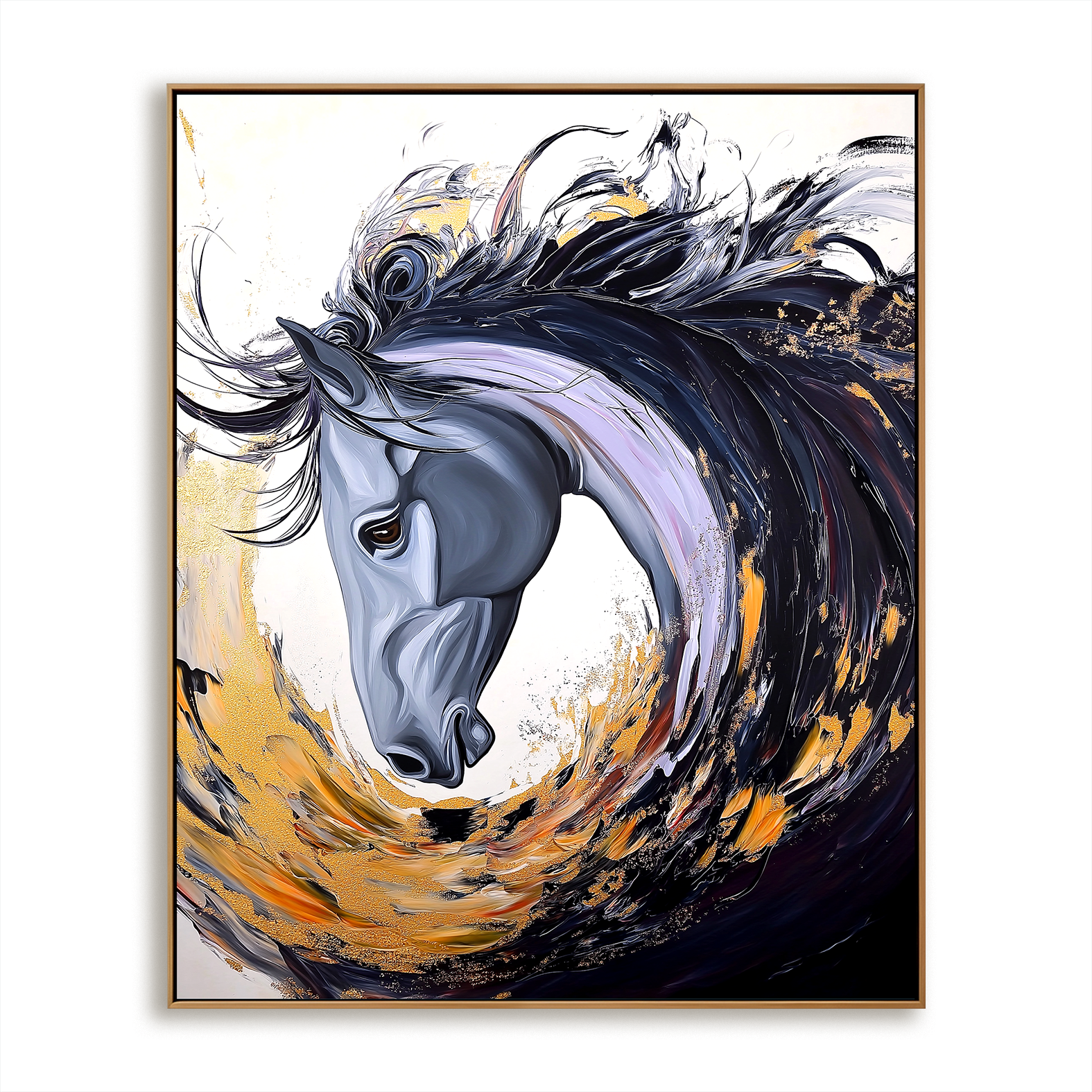 Gilded Spirit: Textured Abstract Horse Portrait with Gold Accents for Modern Decor