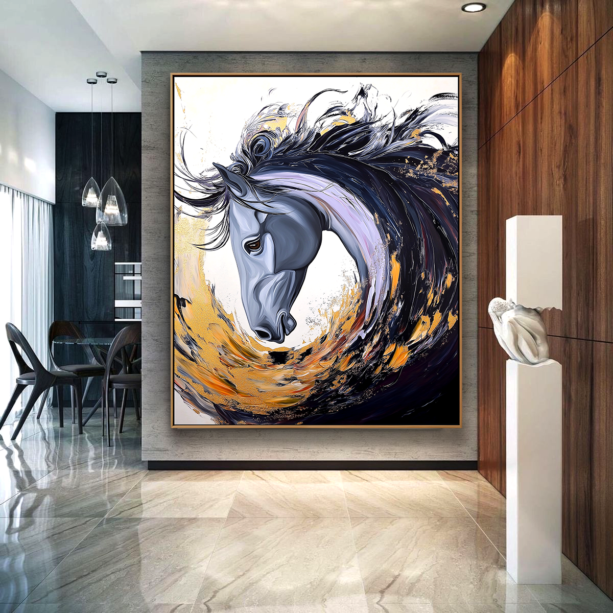 Gilded Spirit: Textured Abstract Horse Portrait with Gold Accents for Modern Decor