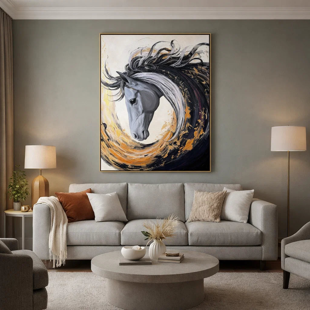 Gilded Spirit: Textured Abstract Horse Portrait with Gold Accents for Modern Decor