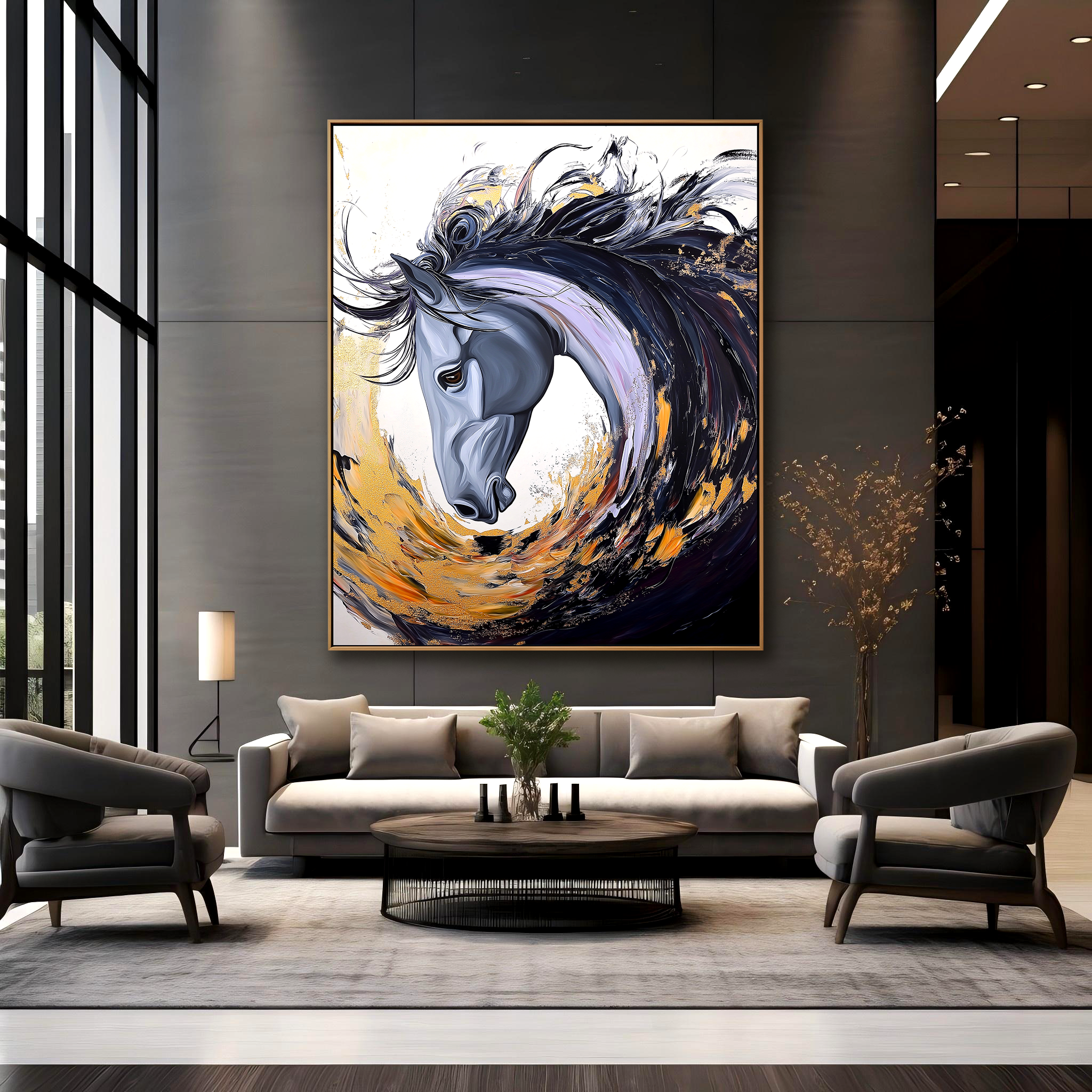Gilded Spirit: Textured Abstract Horse Portrait with Gold Accents for Modern Decor