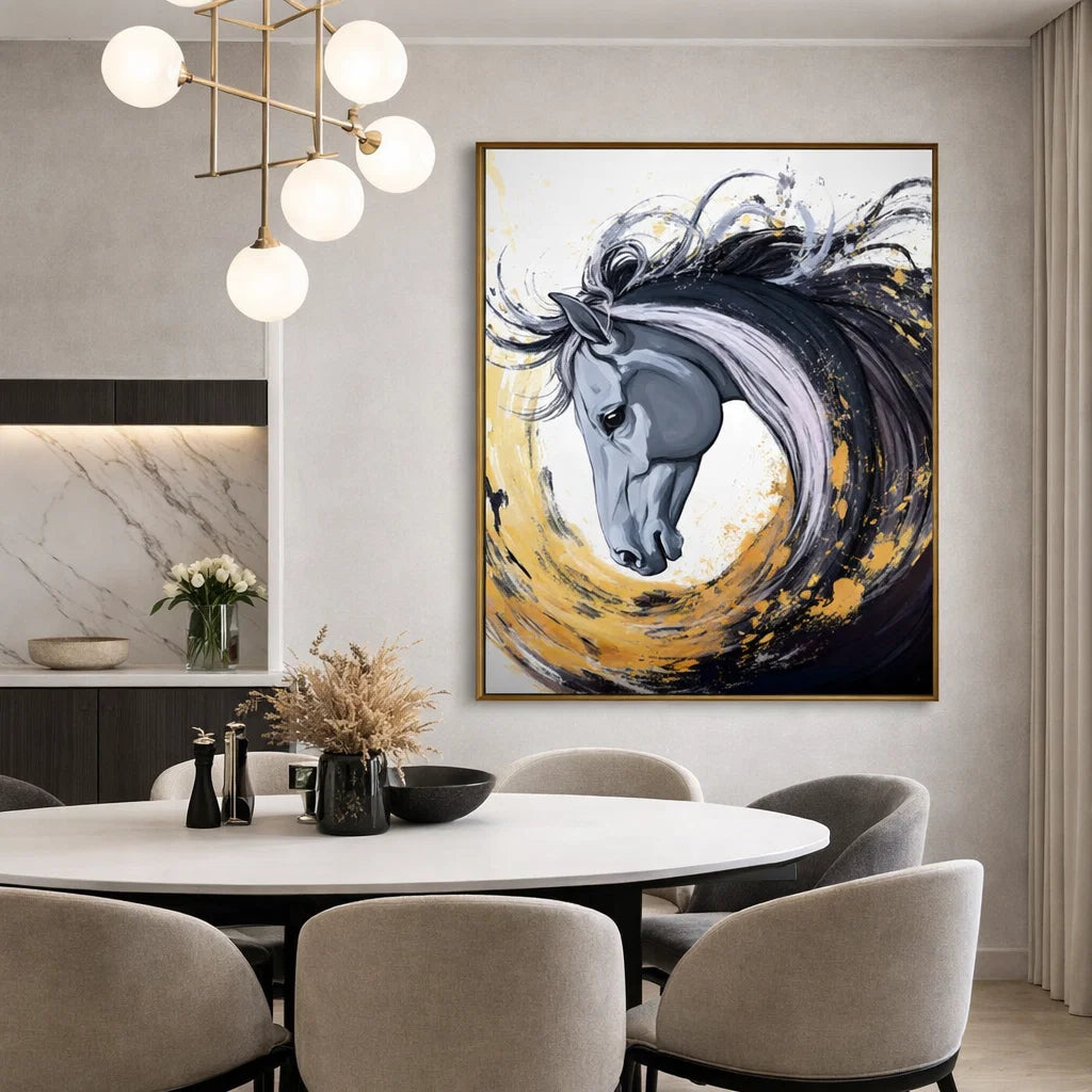 Gilded Spirit: Textured Abstract Horse Portrait with Gold Accents for Modern Decor