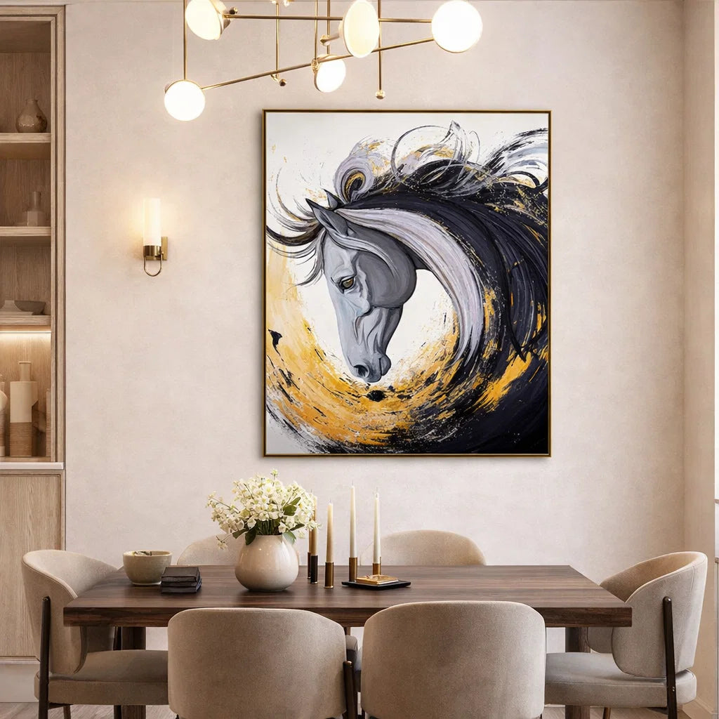 Gilded Spirit: Textured Abstract Horse Portrait with Gold Accents for Modern Decor