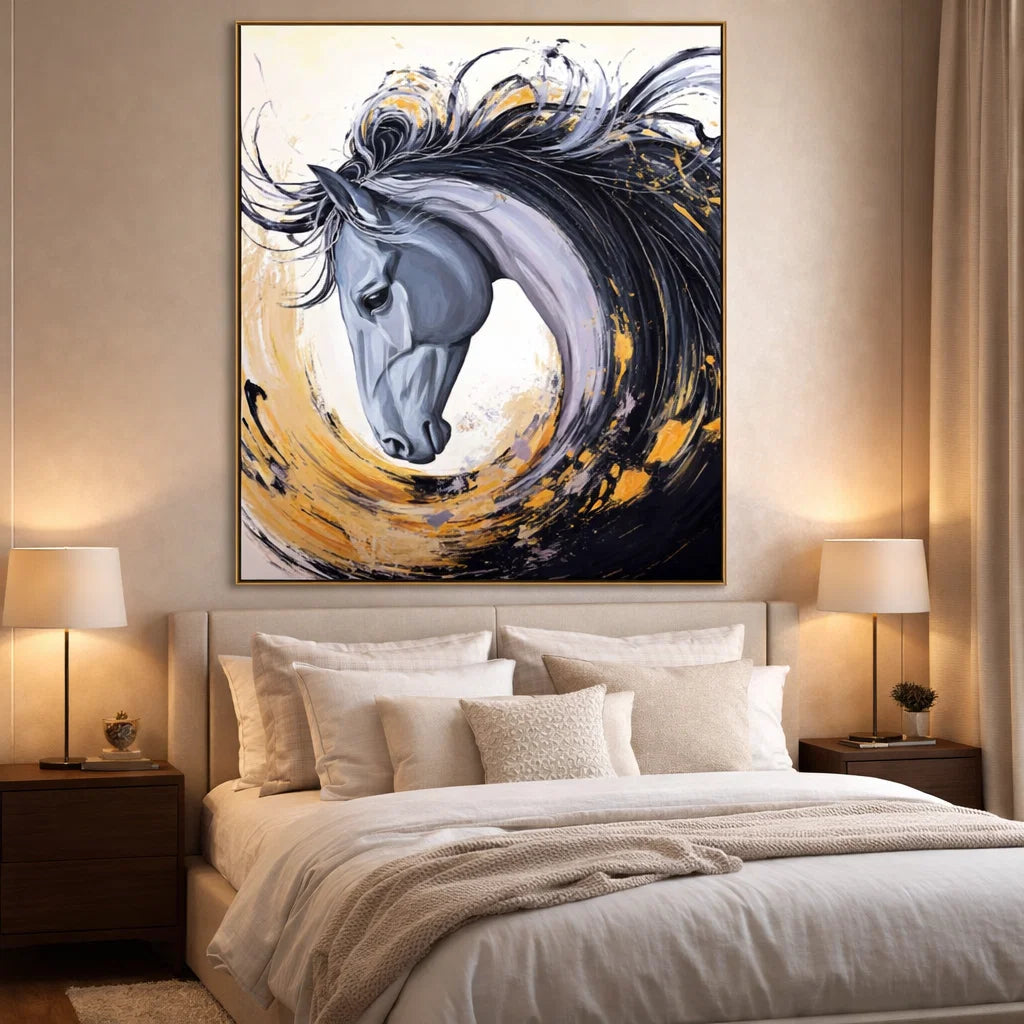 Gilded Spirit: Textured Abstract Horse Portrait with Gold Accents for Modern Decor