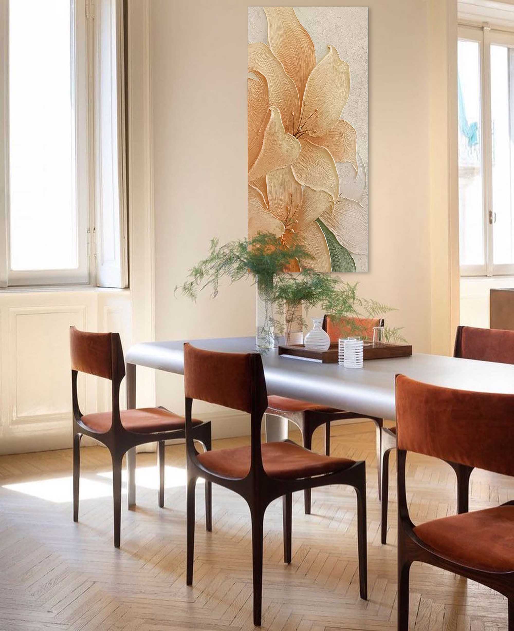 Elegant Blooms - Long Vertical Art of Textured Peach Flowers